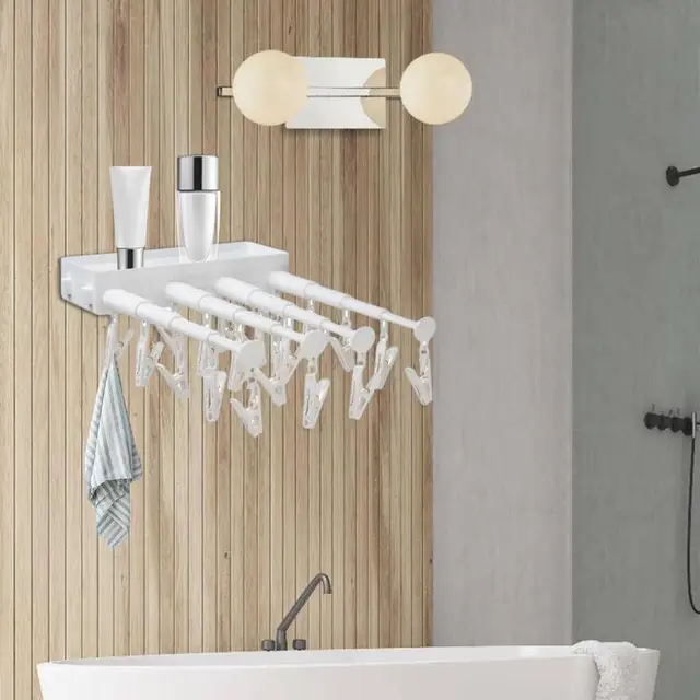 Falra Szerelt Szárító Állvány Behúzható Kendő Beltéri Kültéri Lyukasztás Nélküli Teleszkópos Fehérnemű Állványhoz Klipekkel - Image 4