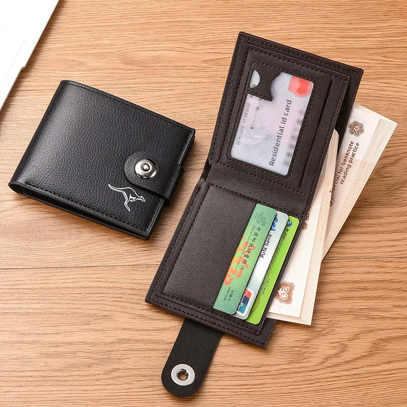 New men's ultra-thin multifunctional large capacity portable card bag, short magnetic buckle wallet, fashionable leather wallet