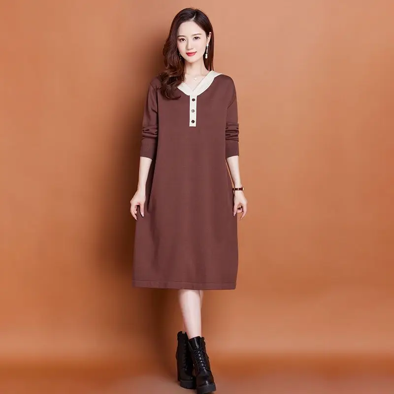 

Женское трикотажное платье с капюшоном, свободная верхняя одежда большого размера, пуловер с пуговицами снизу, длинное платье-свитер, Осень-зима 2023