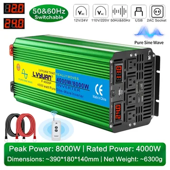 LVYUAN 4000W 8000W Power INVERTER DC12V 24V to AC110V 220V แรงดันไฟฟ้า 2 ซ็อกเก็ต AC 50Hz และ 60Hz LED รถบรรทุกบ้าน 8