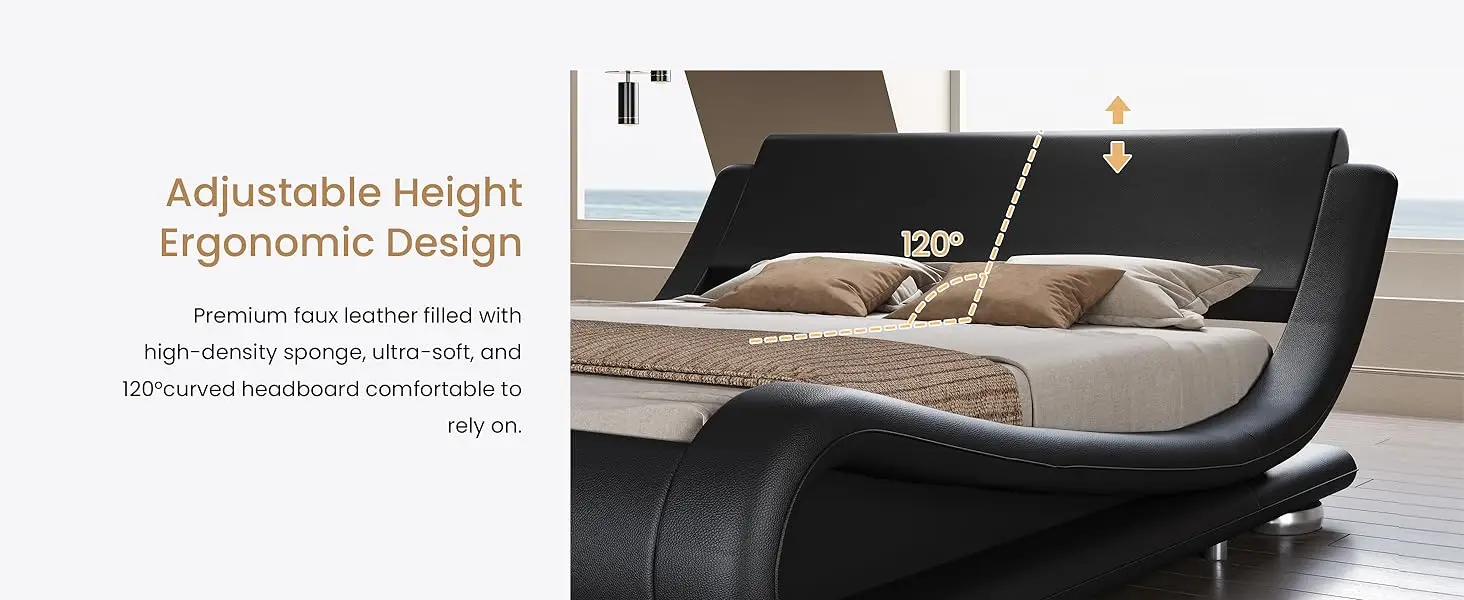Description Picture 3 of itemSHA CERLIN King Upholstered Bed Frame, Low Profile Sleigh Bed, Faux Leather Headboard, No Box Spring Needed, Easy Assembly,Black