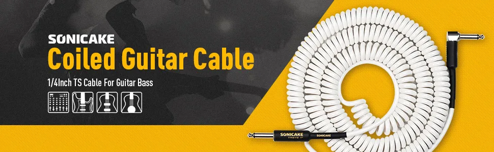 Coil Guitar Cable Audio 1/4" Right Angle to Straight White Instrument Coiled Cur