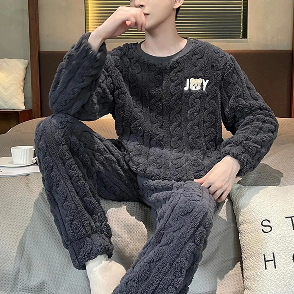 Men's Pajamas Set Round Neck Long Sleeve Thick Twisted Texture for Men