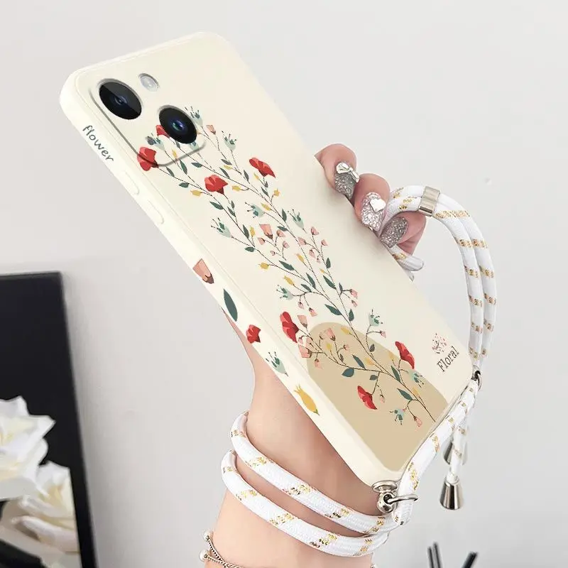 

Twigs Flower Willow Crossbody Lanyard Silicone Phone Case For iPhone 14 13 12 11 Plus Pro Max Mini X XR XS 8 7 6 6S Plus Cover