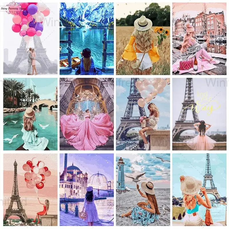 

5D Diamond Painting Woman Portrait Back View European Landscape Cross Stitch Kit Rhinestone Diamond Embroidery Home Decor Gift