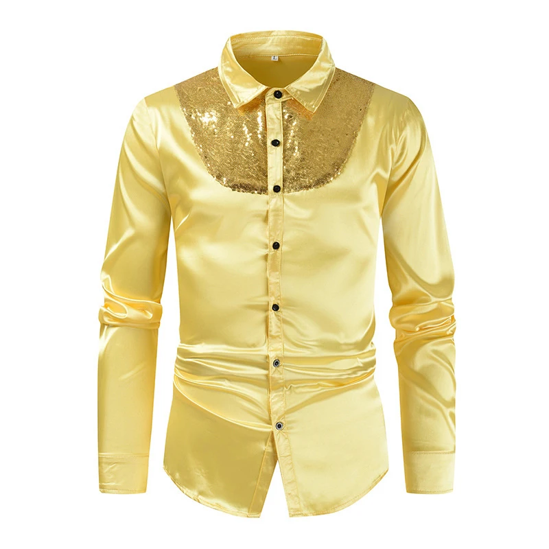 RUMAOZIA Chemise à Paillettes Pour Homme - Chemise à Manches Longues - Chemise Brillante Métallisée Pour Homme - Coupe Ajustée - Chemise Boutonnée - Pour Club, Jupe, Hip-hop, Discothèque, Fête