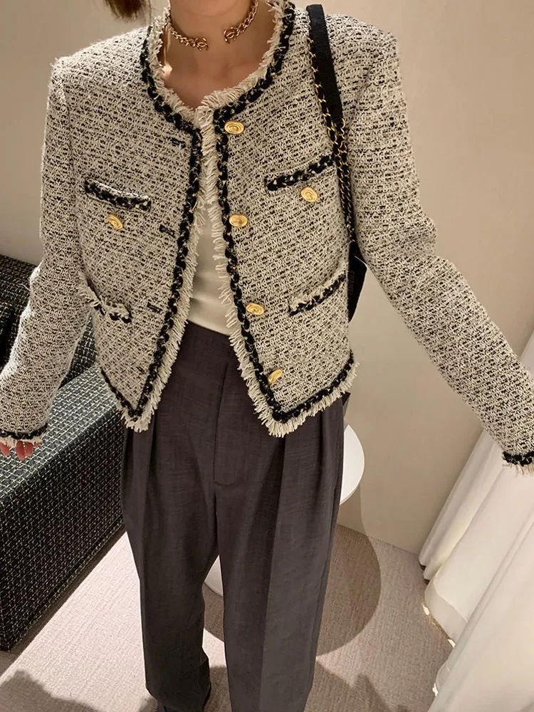 

Women's Autumn Winter Outwear 2023 New Small Fragrant Style Round Neck Short Wool Suit Jacket Female