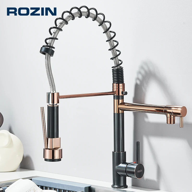 Rozin Black and Rose Golden Spring Pull Down Kitchen Sink Faucet  Hot & Cold Water Mixer Crane Tap with Dual Spout Deck Mounted
