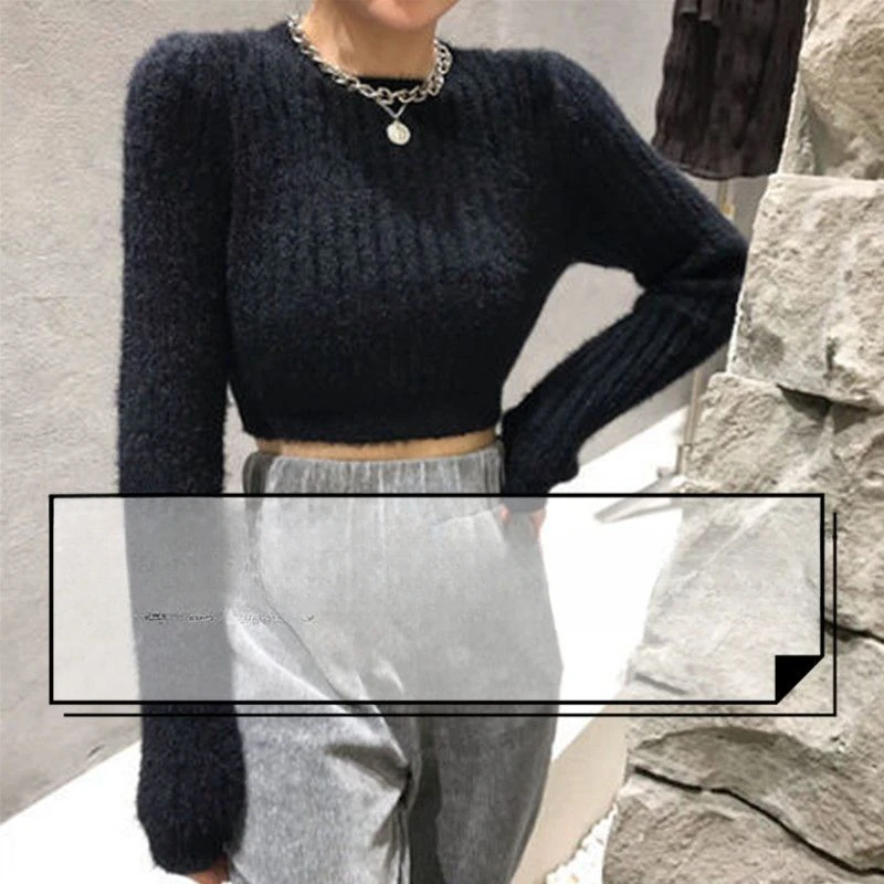 

Short Sweater Women's Autumn and Winter New White Slim Fit Imitation Mohair Knitted Sweater Pullover Long Sleeve Top Fashion