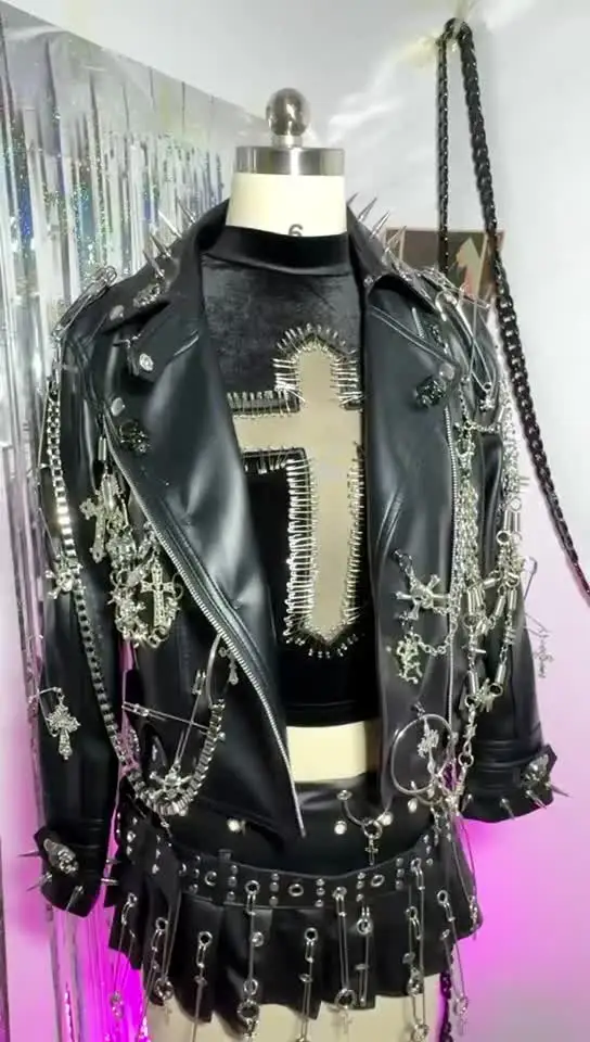 Women Black PU Leather Gothic Biker Punk Rock Jacket Y2K Spiked