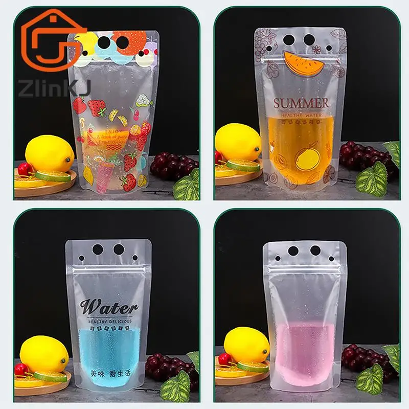 

10Pcs Bags + 10Pcs Straw 500ml Frosted Plastic Drinking Beverage Bag Party Wedding Fruit Juice Milk Tea Portable Pouches