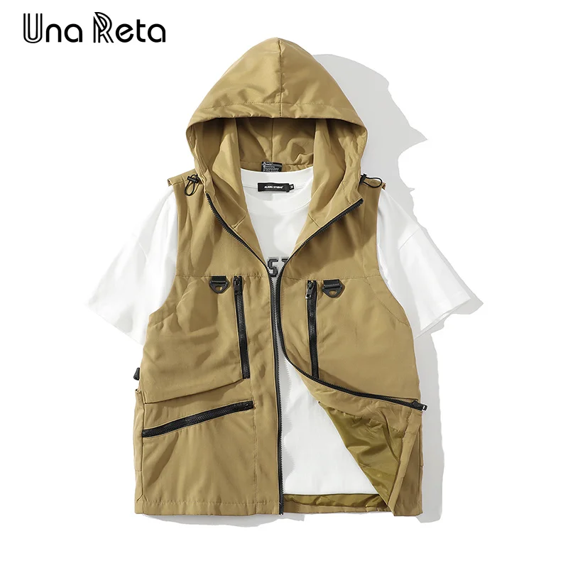 

Una Reta Hooded Vest Spring Autumn Men Clothing Sleeveless Men's Jackets Streetwear Zipper Pockets Couple Functional Vest