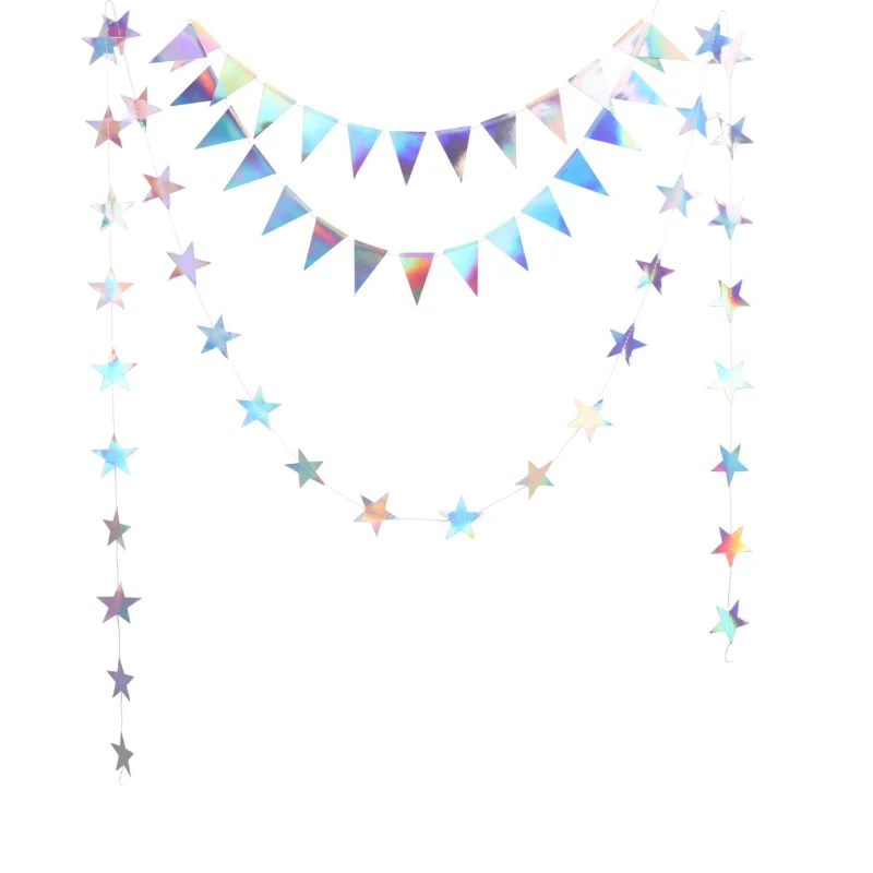 Iridescent Paper Star Garland Banner Laser Silver Flag Hanging Decor Birthday Party Pendant Baby Shower Wedding Streamer Decor