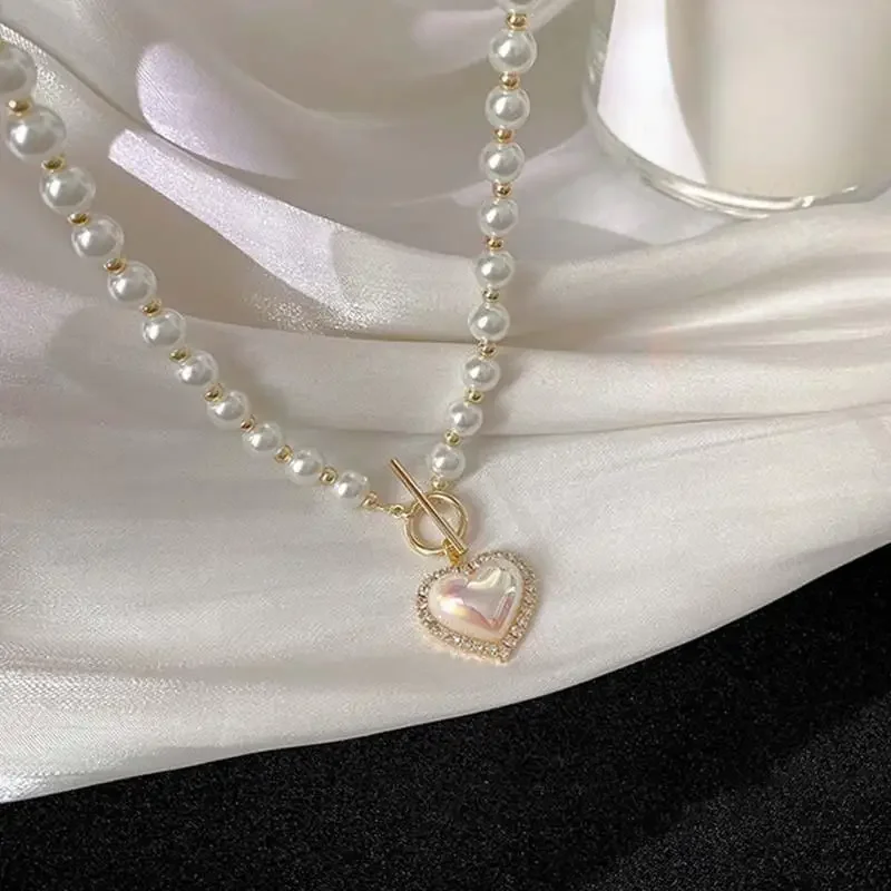Gentle Choker Jewelry Gift Necklaces Elegant Pearl Necklace Women's Fashion Rhinestone Shell Heart Pendant