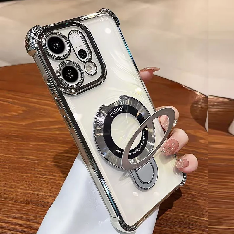 Magnetic Holder Shockproof Transparent Phone Case with Plating and Airbag Protection