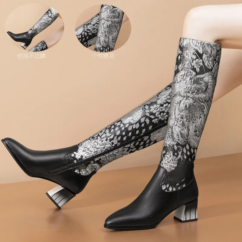 New Ethnic Style Embroidered Leather Boots Pointed Head Thick Heel Heightened Zipper Skinny Leg Knight Boots Sexy Women's Boots