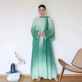 Dubai Luxury Gradient Color Abaya Open Kimono Muslim Dresses with Scarf Modest Robe Khimar Islamic Kebaya Caftan Jalabiya Kaftan
