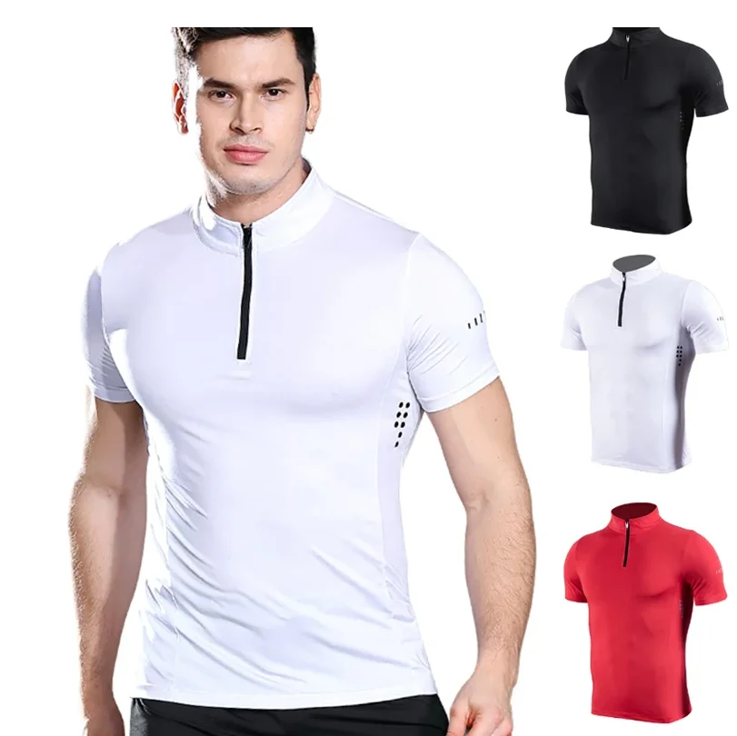 

Men Tight Sport T-Shirt Short Sleeve Gym Running Clothing Fitness Compression Sportswear Zip Pullover Hiking Rashgard Sweatshirt