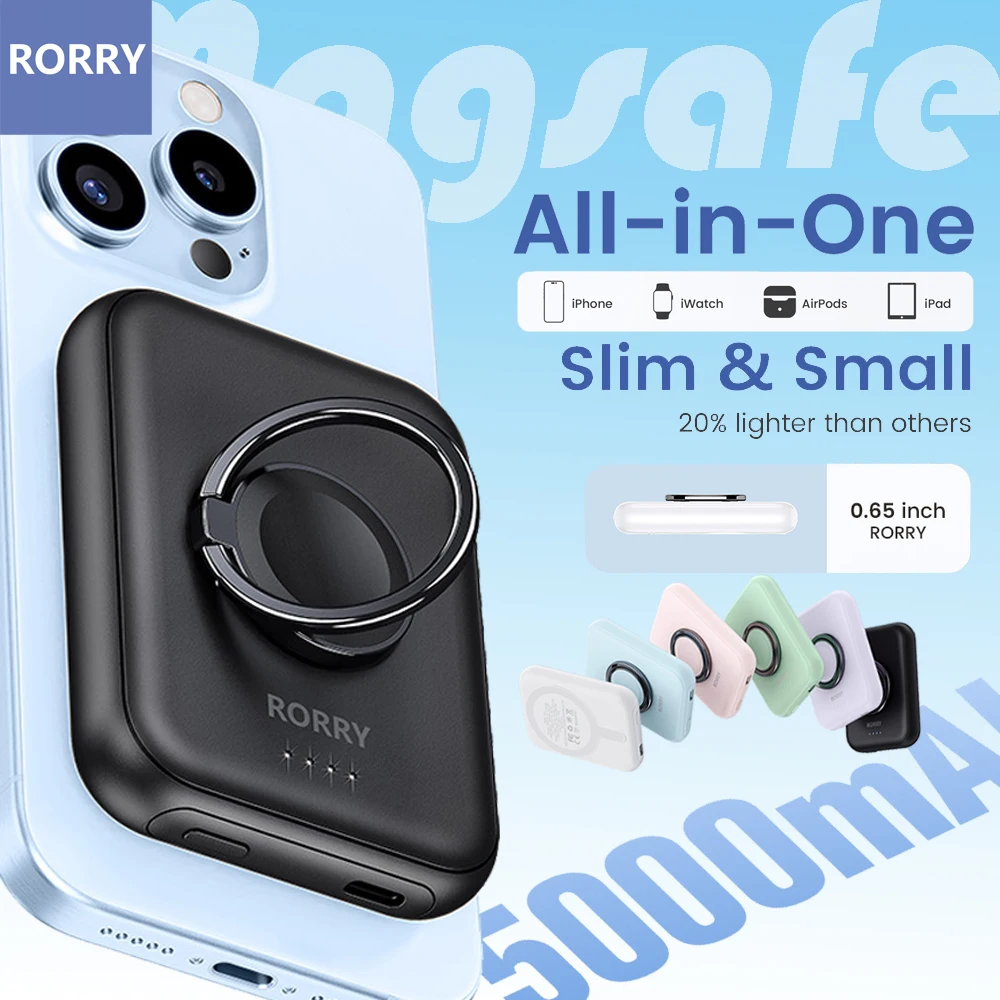 RORRY Magnetic Wireless Power Bank for iPhone 15/14/13/12 Series Portable Charger for Apple Watch Charger 5000mAh Magsafe case
