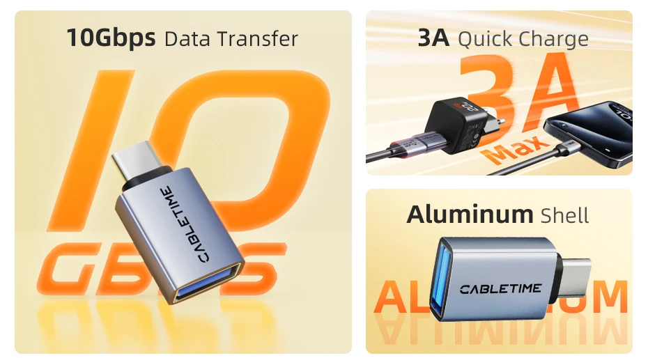CABLETIME 10 Gbit/s USB-auf-Typ-C-OTG-Adapter Gen 2 Hochgeschwindigkeits-Datenübertragung USB-C-Stecker auf A-Buchse für MacBook Pro iPhone 16 iPad – Detail 2