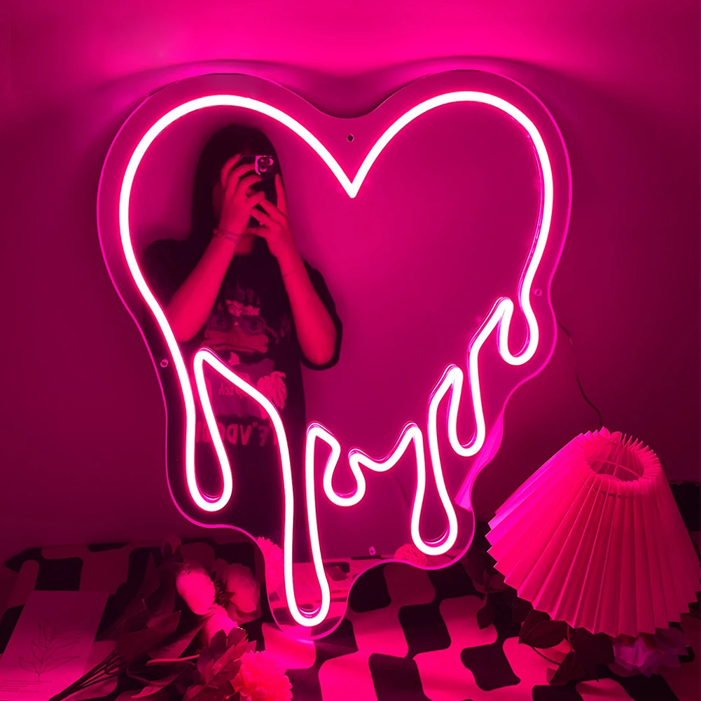 LED Melt Heart-Shaped Neon Mirror with Adjustable Brightness, USB Powered LED Light, Perfect Wall Decor for Room, Birthday Gift