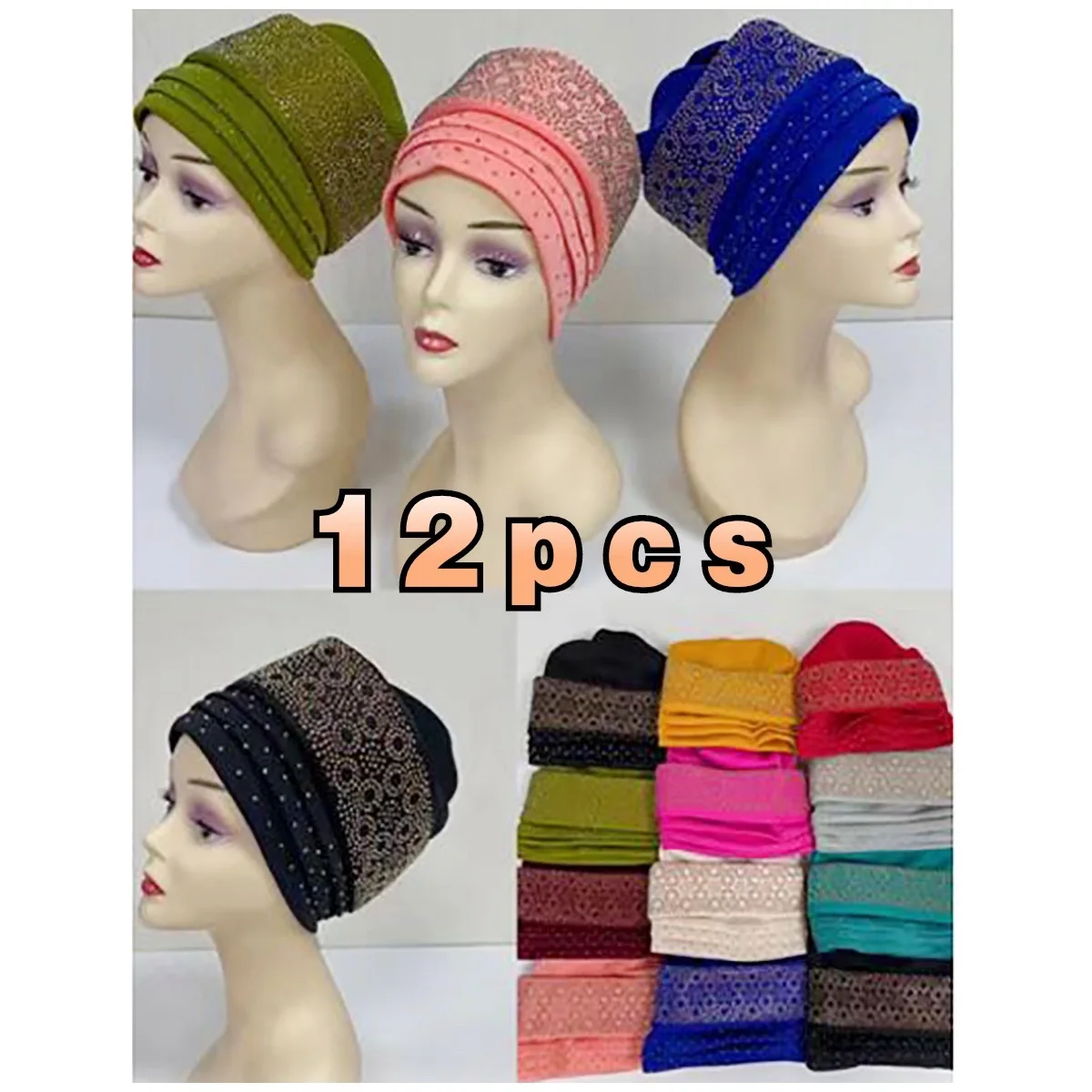 

1 Dozen High Quality Newest Elegant Turban Hats Women Cap Beaded For India Scarfs Head Wrap Headband Girl Hair Accessories Lady