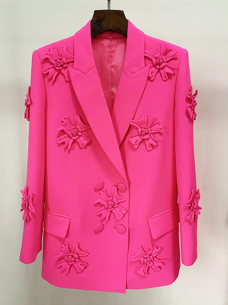 HIGH STREET Newest 2026 Fashion Designer Jacket Women's Stereoscopic Flowers Appliques Double Breasted Long Blazer