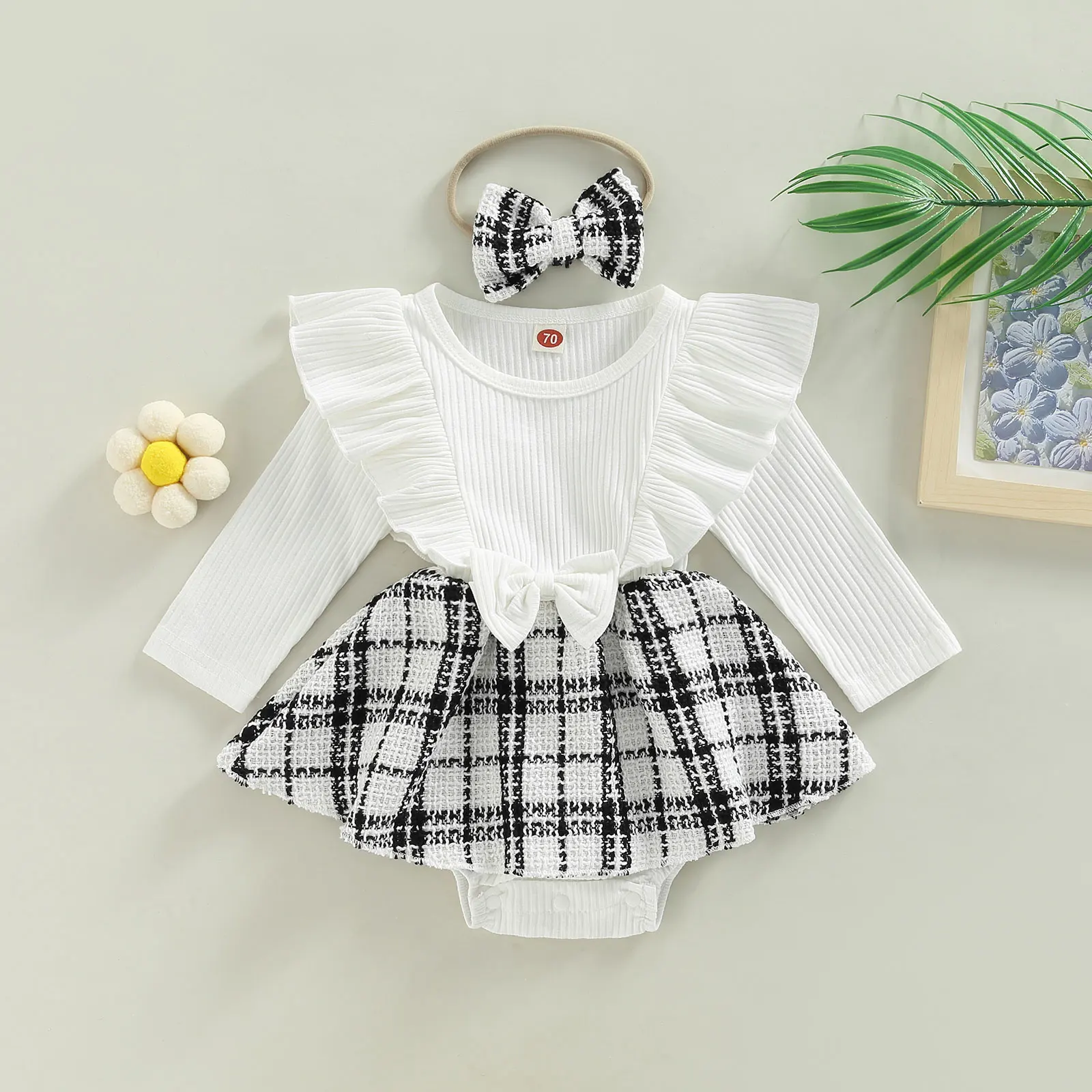 Citgeett Autumn Infant Baby Girls Bodysuit Dress Set Casual Ruffle Long Sleeve Plaid Jumpsuits