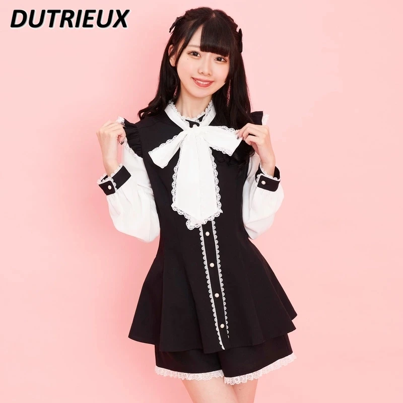 

Japanese Sweet SC Rojita Autumn New Bow Drawstring Patchwork Mine Mass-Produced Dress Shirt and Culottes Two Piece Suit
