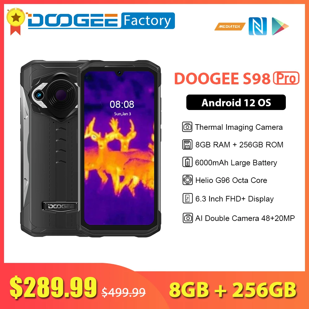 Doogee S98 Pro Thermal Imaging Rugged Phones, Night Vision Cam Android 12  8GB+256GB 6000mAh Battery Helio G96 6.3 FHD+, Support NFC Wireless Charging