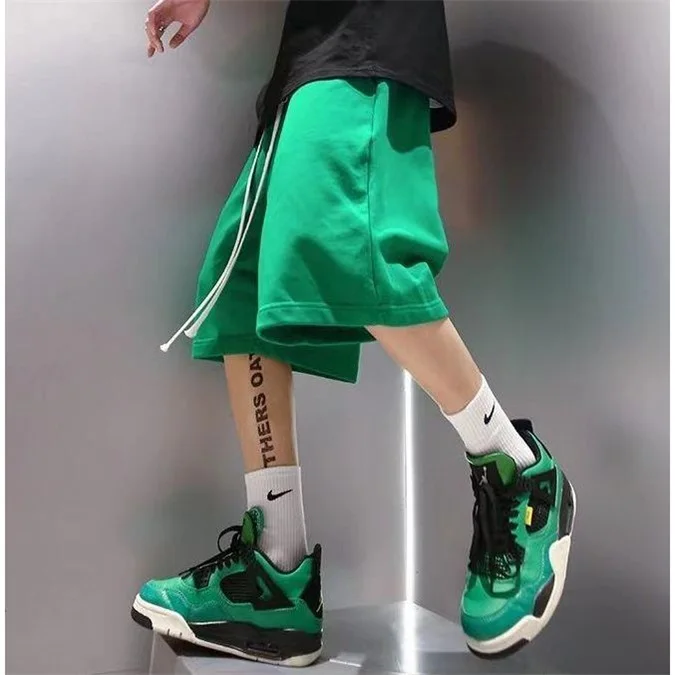 Ins Style Streetwear Summer Men Casual Shorts Cargo Cotton Knee Length Poppin Loose Trouser Male Drawstring Plain Lounge Shorts