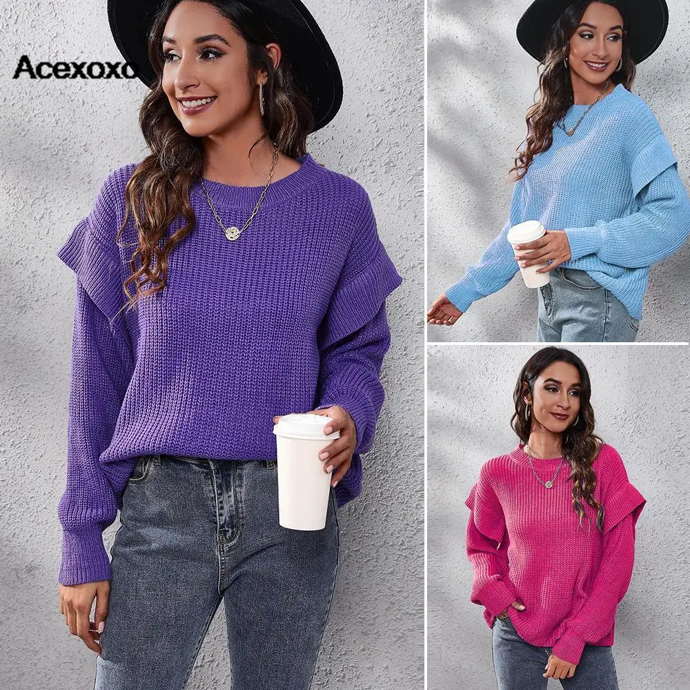 

Europe and the United States new off-shoulder long sleeve loose knit sweater woman