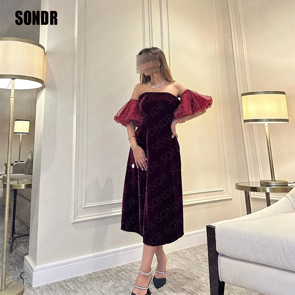 

SONDR Wine Red A Line Sparkly Evening Prom Dress Short Sparkly Sleeves Strapless Formal Occation Party Dresses Gowns Arabic 2023