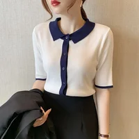 Button T-shirt Woman Short Sleeve Tee Grey Tops Black Polo Neck Shirts For Women Clothing Offer Elegant Hot Trend Aesthetic V