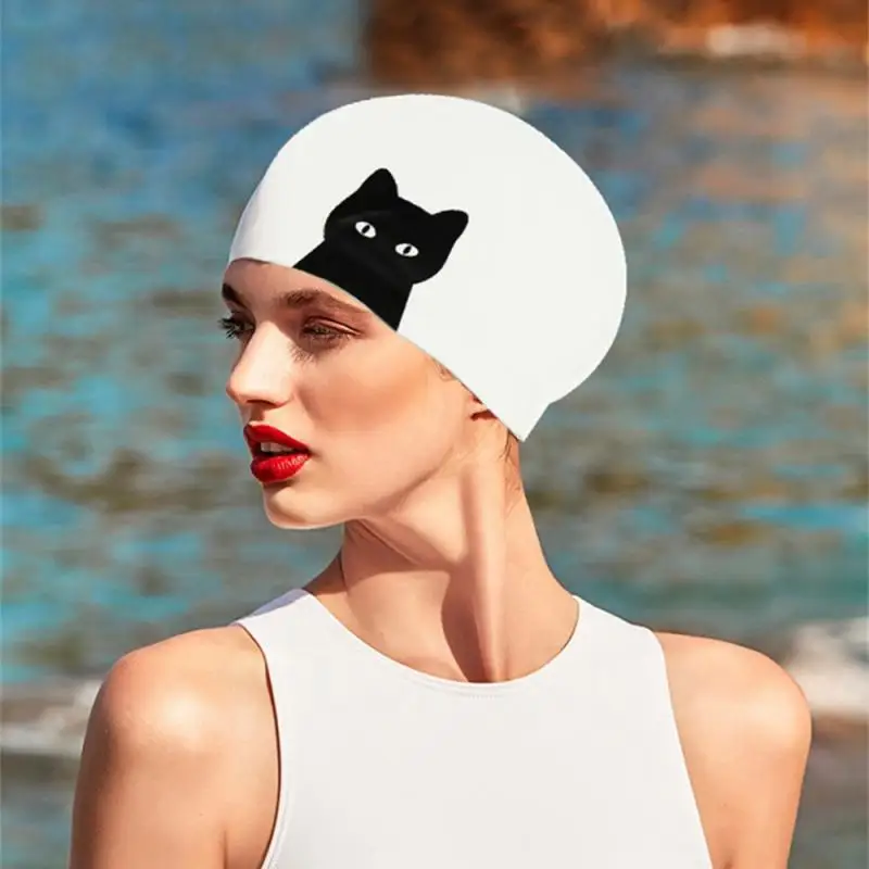 Cute Cat Swimming Cap For Long Hair Ears Protect Children Kids