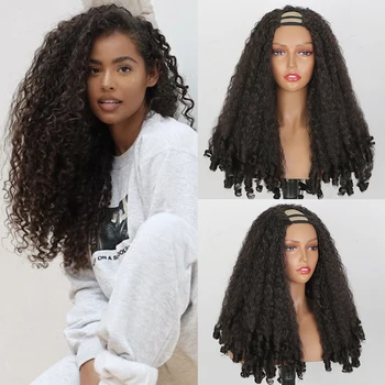 Afro Curly U Part Wig Synthetic Braided Hair Texture with Unique Bouncy Curls in the End 24 Inch Soft Kinky Curly Full Hair Wigs