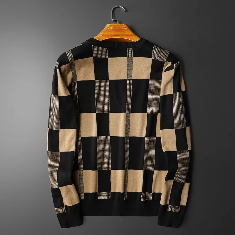 Fall Lattice Letter Print Contrasting Color Men Long Sleeve Slim Knitted Pullover Sweater Social Dress Shirt Streetwear Clothing