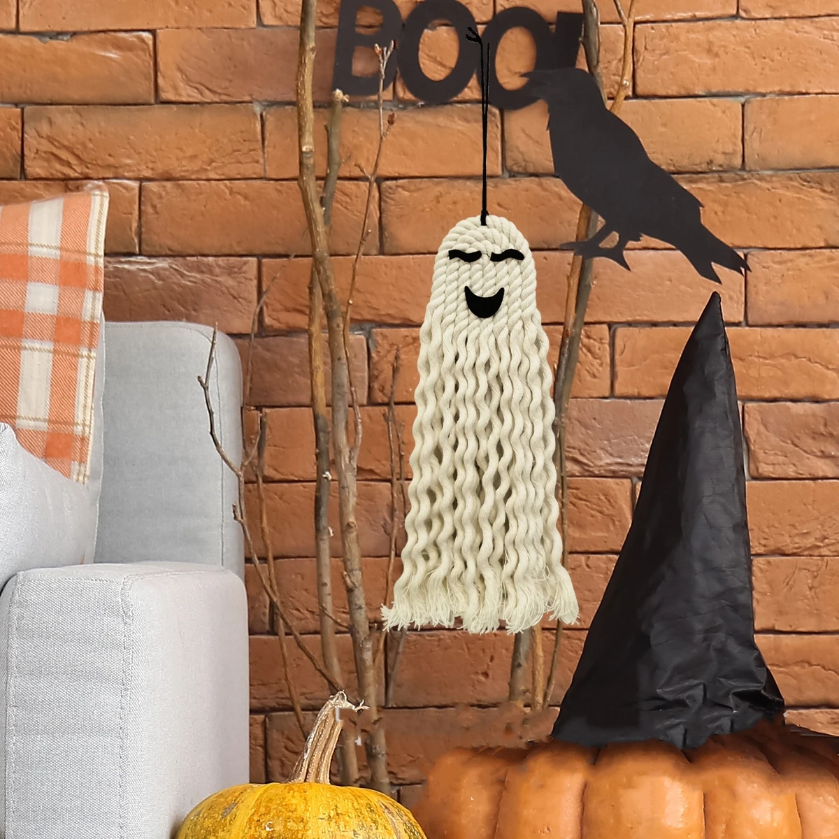 Hand-Woven White Spooky Ghost Tapestry Pendants Handmade Cotton Halloween Wall Ceiling Hanging Ornaments Home Garden Decoration