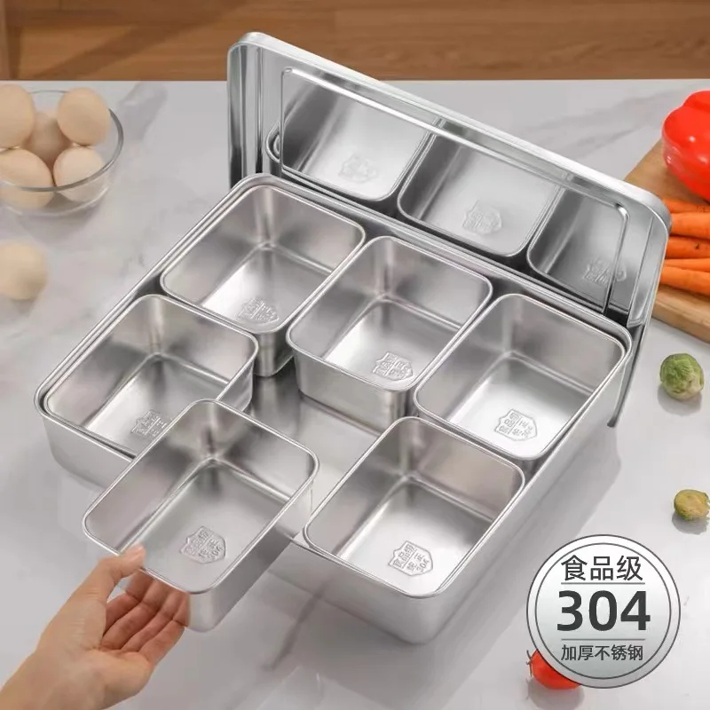 Kitchen Stainless Steel Condiment Seasoning Box Container 8 Compartment Spice Jar Storage Set Japanese Bento Box
