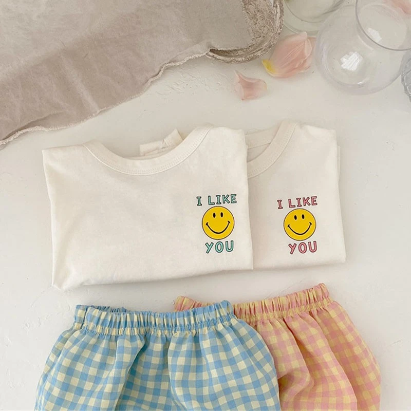 baby outfit matching set Summer Clothes Suit For Baby Girl Thin Cotton Smiley Letter Print T-shirt +plaid Pp Short Pants Boy Sports Set best Baby Clothing Set