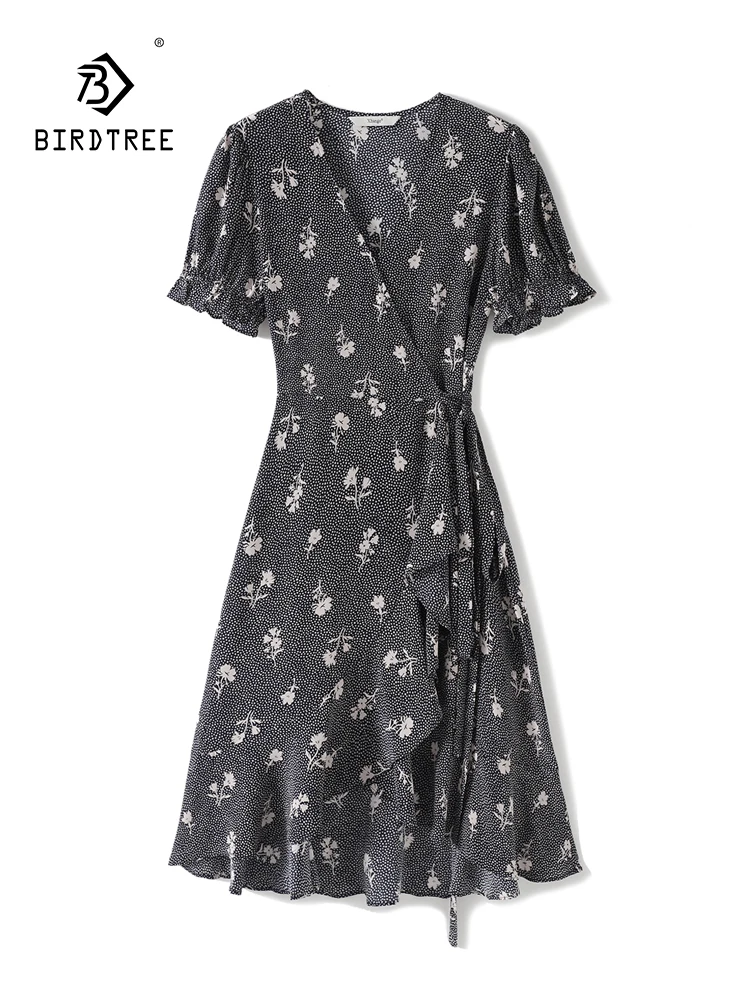 

BirdTree, 100%Mulberry Silk Elegant Dresses, Women V Neck Puff Sleeve Printed, French Ruffled Edge Dress, 2024 Summer D45315QC