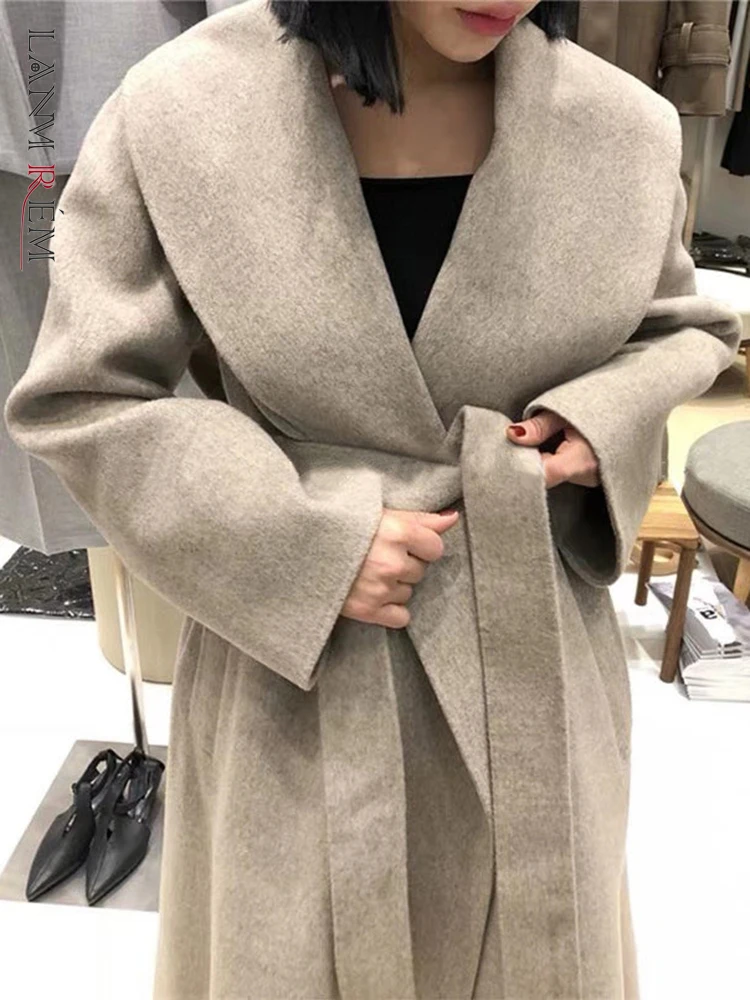 

LANMREM Fashion Mid Long Woolen Coat Women Lapel Belt Gathered Waist Solid Clothing Office Lady 2023 Autumn Winter New 2AA2488