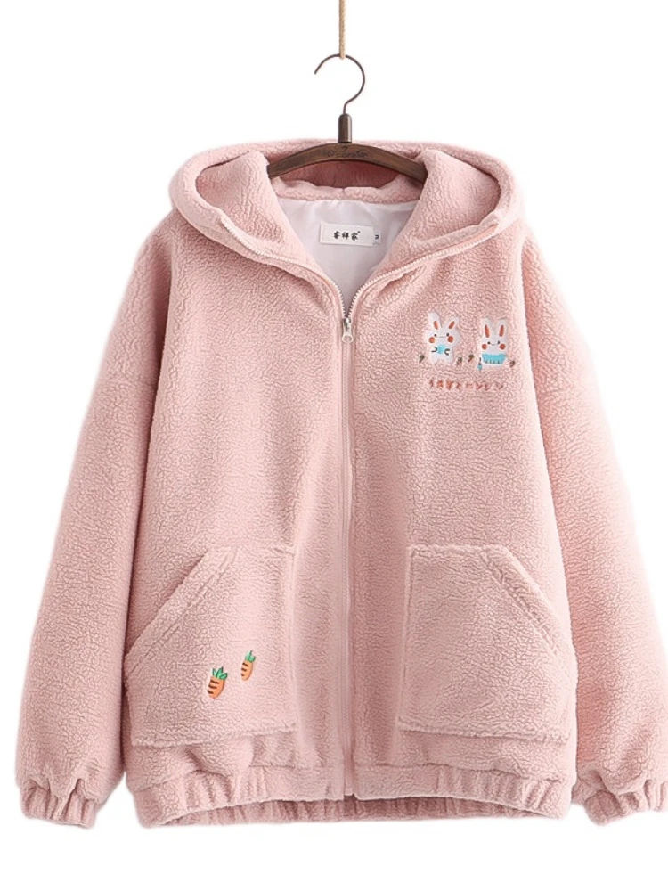 

Lamb Wool Kawaii Zipper Hooded Jackets Women Cartoon Rabbit Embroidery Harajuku Warm Coat 2023 Winter Long Sleeve Thick Outwears