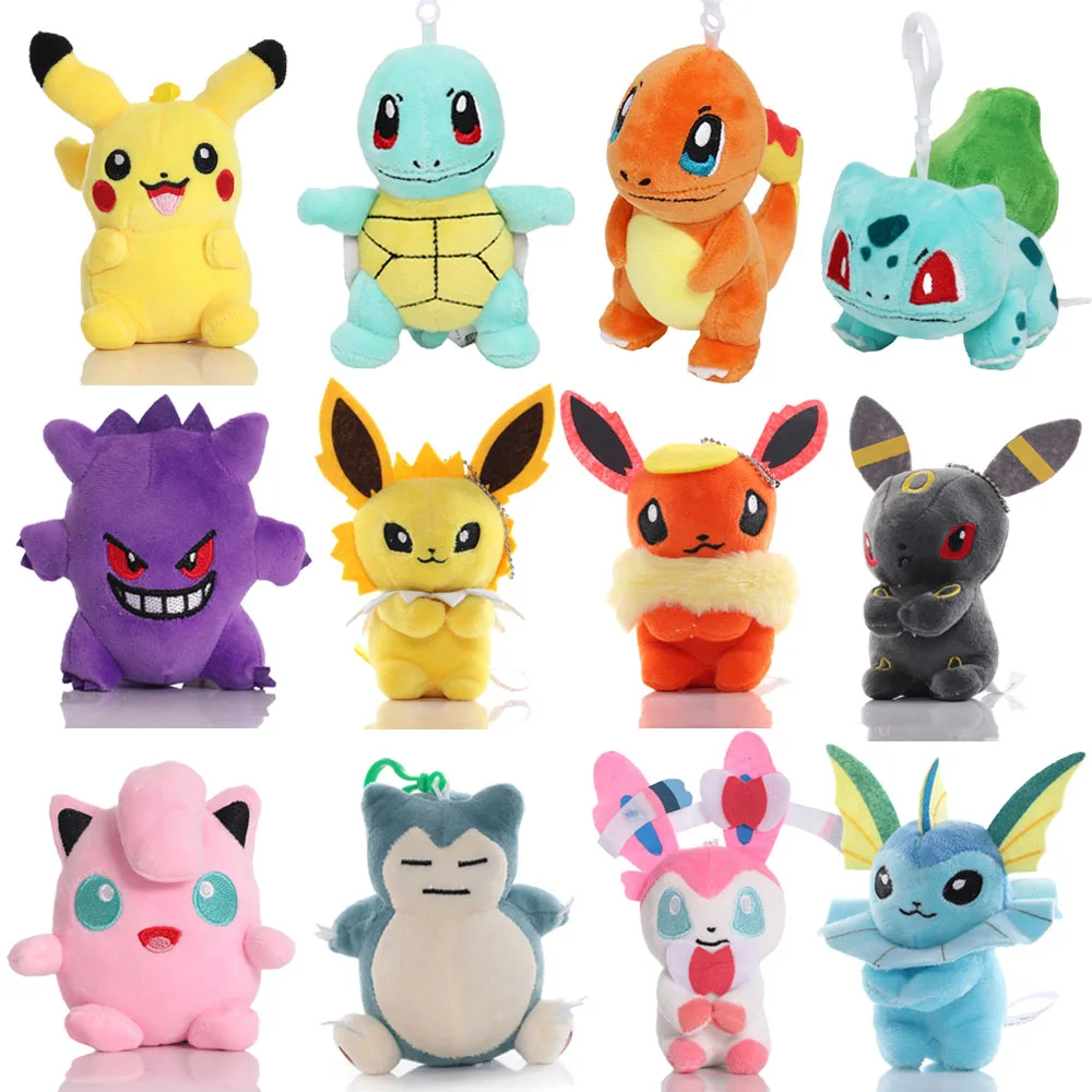 brand new genuine pokemon family party plush doll toy bulbasaur squirtle charizard eevee anime character for child birthday gift Pokemon Plush Pendant Pikachu Eevee Charmander Bulbasaur Squirtle Anime Cartoon Stuffed Animals Dolls Bag Accessories Decoration