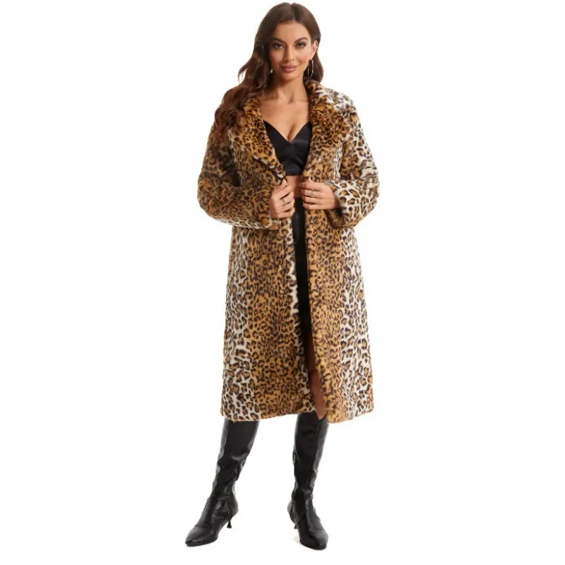

Plush Faux Fur Coats Outwear Long Straight V-neck Trend Leopard Fur Coat Women's Thickened Warm Rabbit Overcoats Fur Coats