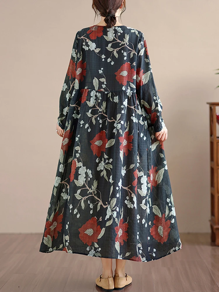Cotton Long Sleeve Print Vintage Spring Autumn Dresses Women 2025 Casual Loose Long Dress Office Lady Vestidos Elegant Clothing
