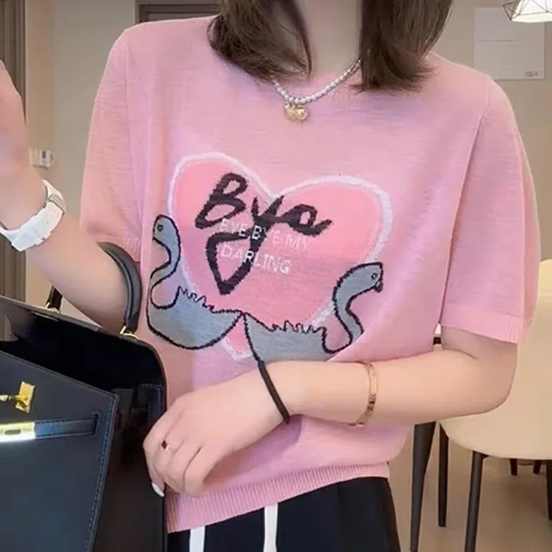 

Boring Honey Summer Letters Short-Sleeved Ice Silk Tops Female French Fashion Beautiful T-Shirt O-Neck All-Match Knit Top Women
