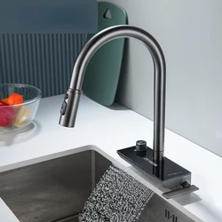 Metal Gray Waterfall Faucet Kitchen Sink Basin Bowl Mixer Hot Cold Pullout Watering Faucet Multifunction Touch Waterfall Faucet
