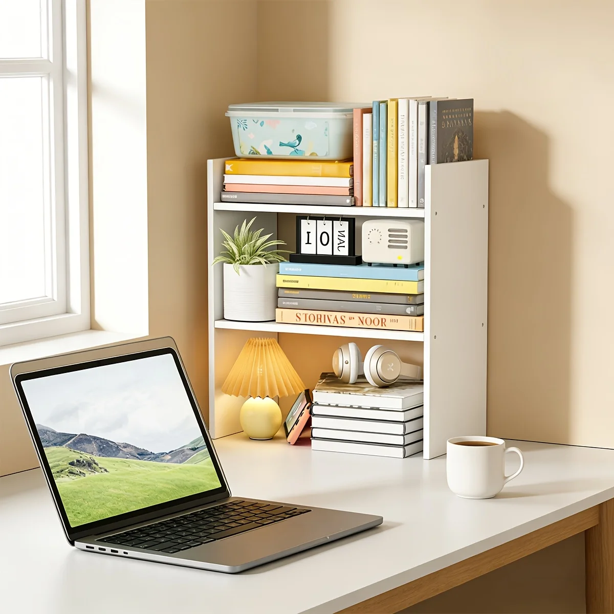 Compact White Wooden Bookshelf: 3-Tier Desktop Organizer for Office, Study, or Dorm