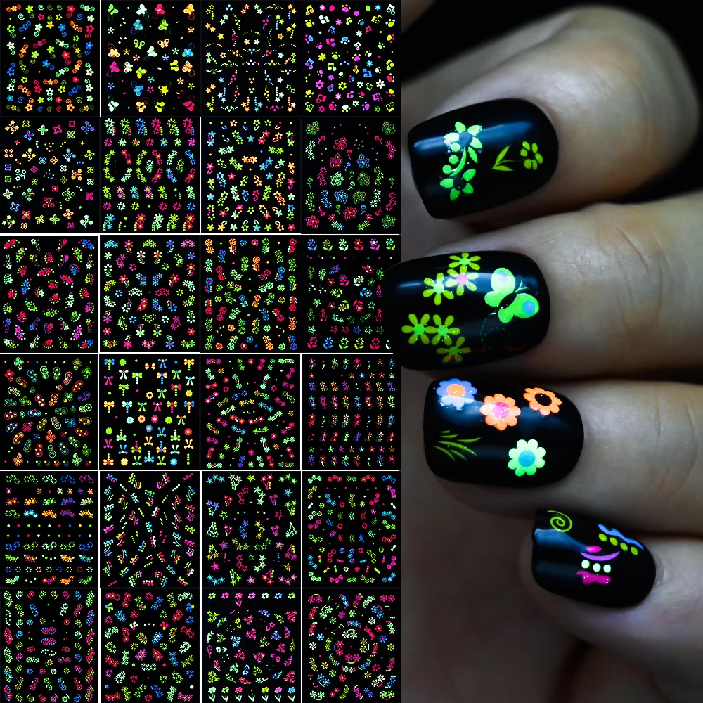 Nail stickers Nail decals Nail art decoration 24pcs Luminous Colorful Butterfly Stickers Glow in the Dark Nails Acrylic Design DIY Slider Adhesive Nail Decal Girls